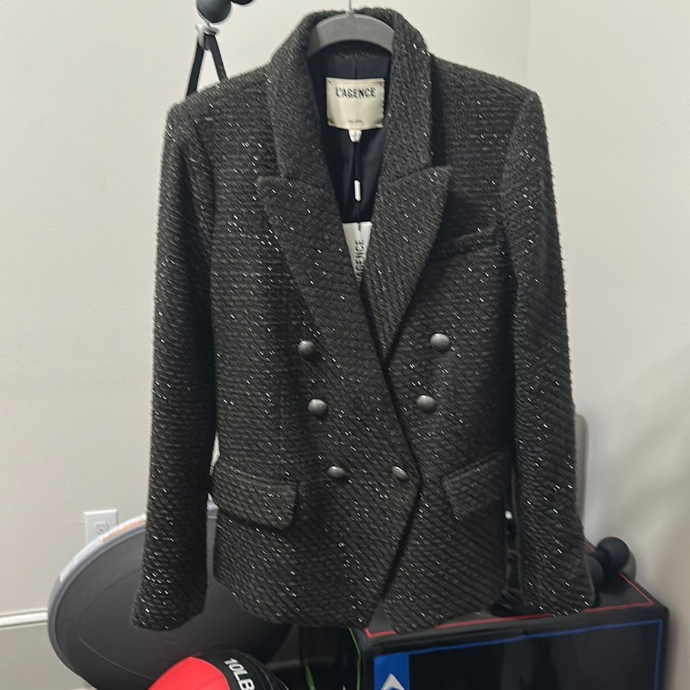 L’Agence dark green blazer with black sparkly ribbon woven into the fabric
